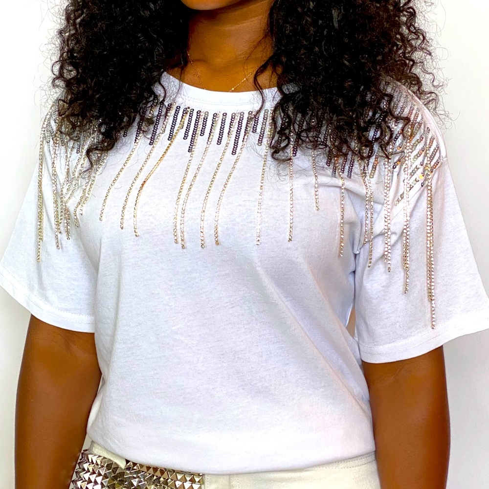 NWT Corinne Ray Rhinestone & Sequin Tee
